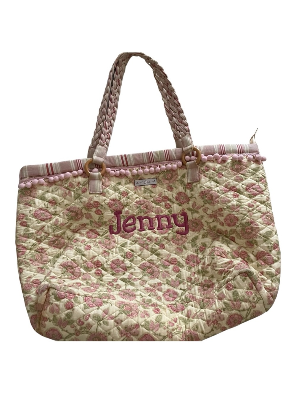 Isabella’s Journey Quilted Tote Bag Embroidered 'Jenny' Pink Yellow Large